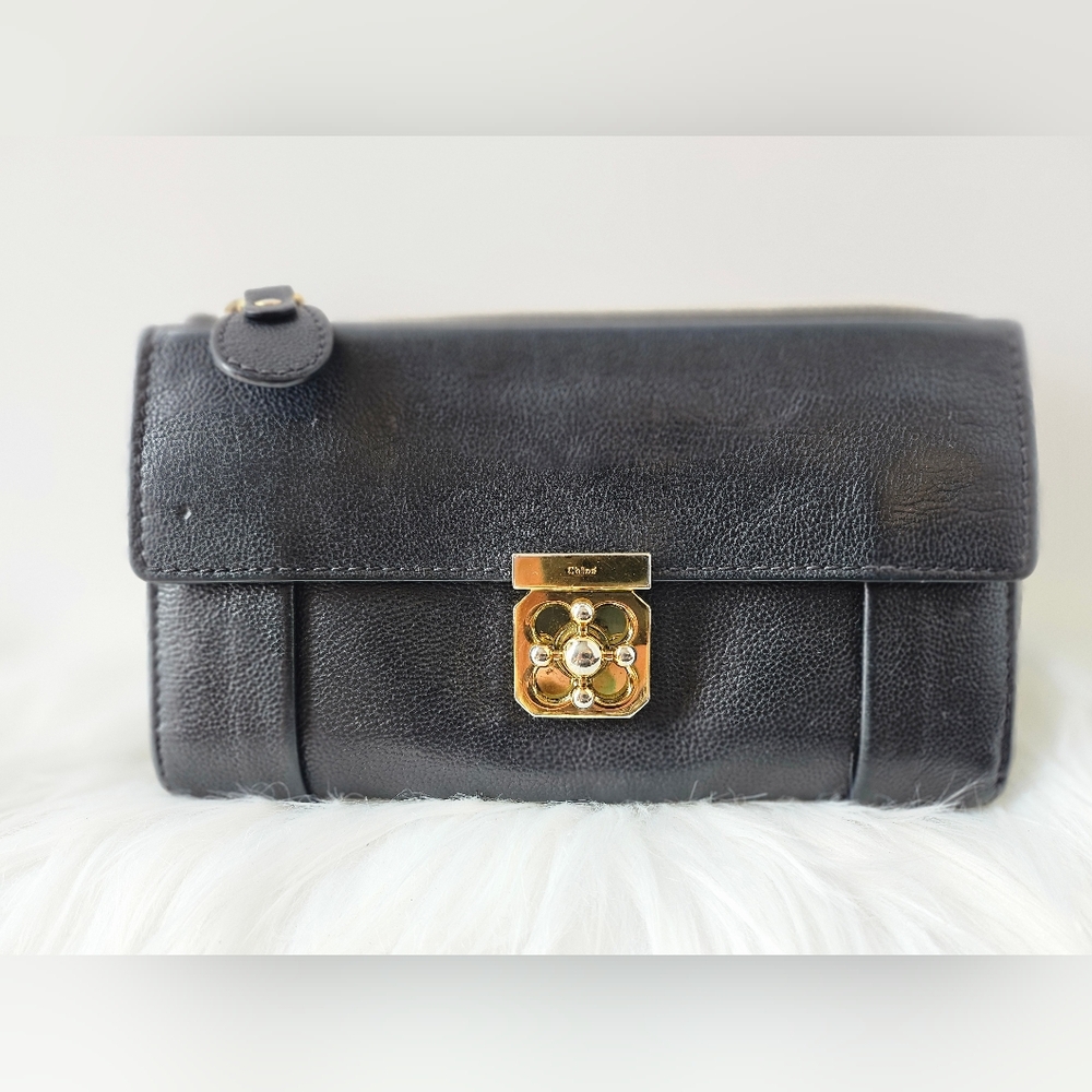 💎 Chloe ELSIE Turnlock Wallet in Black Pebbled Leather With Gold Hardware